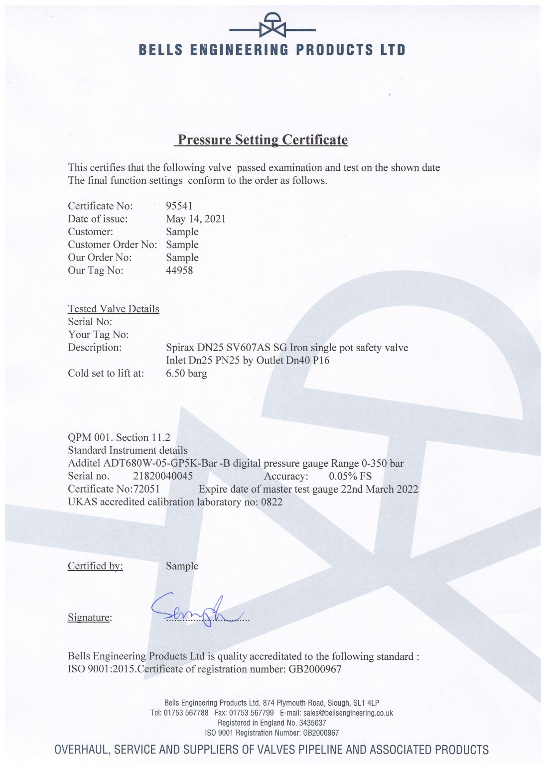 CERTIFICATES - BELLS ENGINEERING - VALVES AND GASKETS