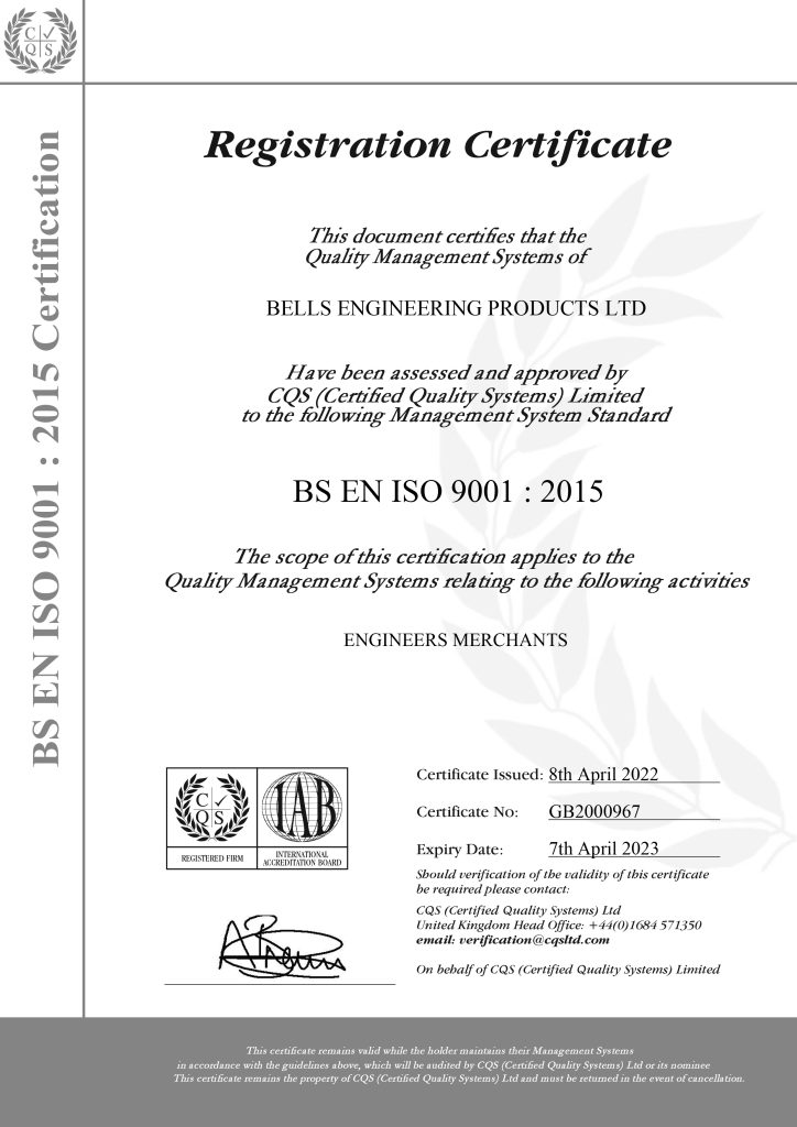 Bells Engineering ISO 9001 2015 Certificate